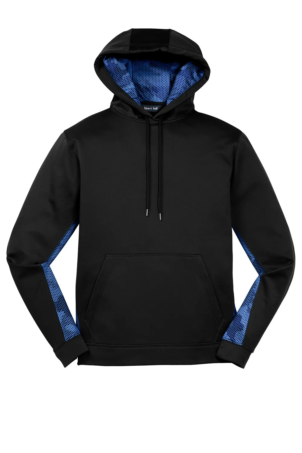 Sport-Tek Mens Sport-Wick CamoHex Moisture Wicking Fleece Hooded Sweatshirt Hoodie w/ Pouch Pocket - Black/True Royal Blue Clothing Sport-Tek