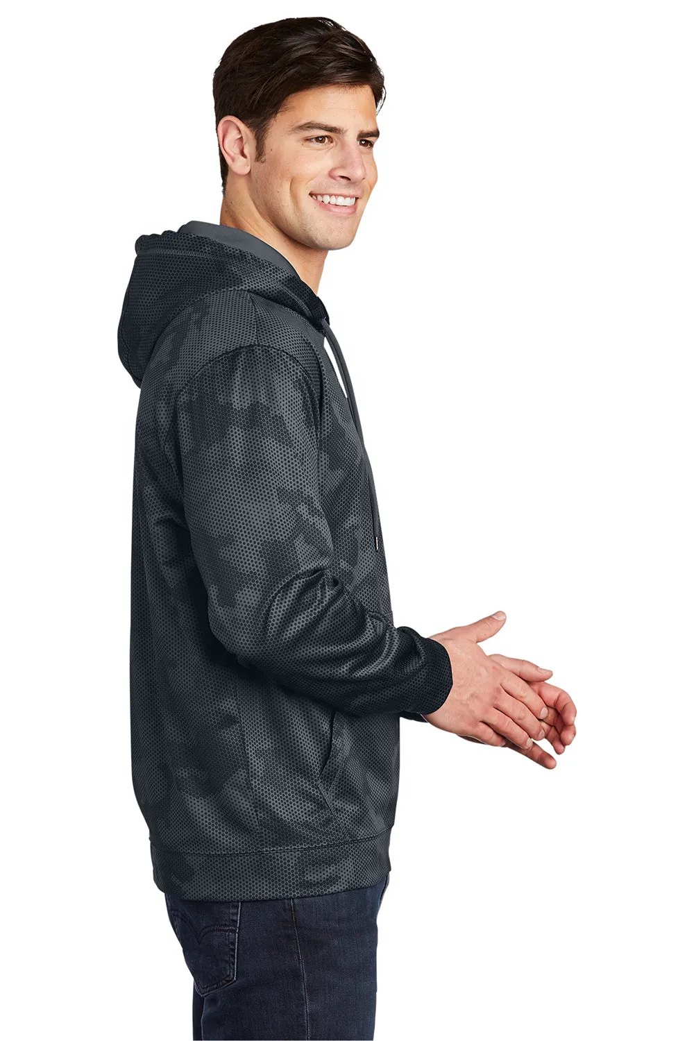 Sport-Tek Mens Sport-Wick CamoHex Moisture Wicking Fleece Hooded Sweatshirt Hoodie w/ Pouch Pocket - Dark Smoke Grey