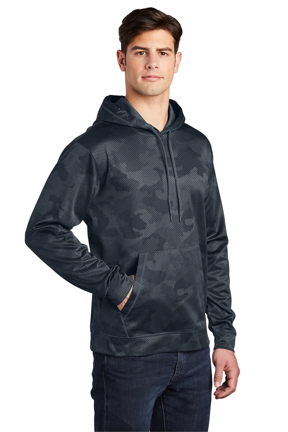 Sport-Tek Mens Sport-Wick CamoHex Moisture Wicking Fleece Hooded Sweatshirt Hoodie w/ Pouch Pocket - Dark Smoke Grey