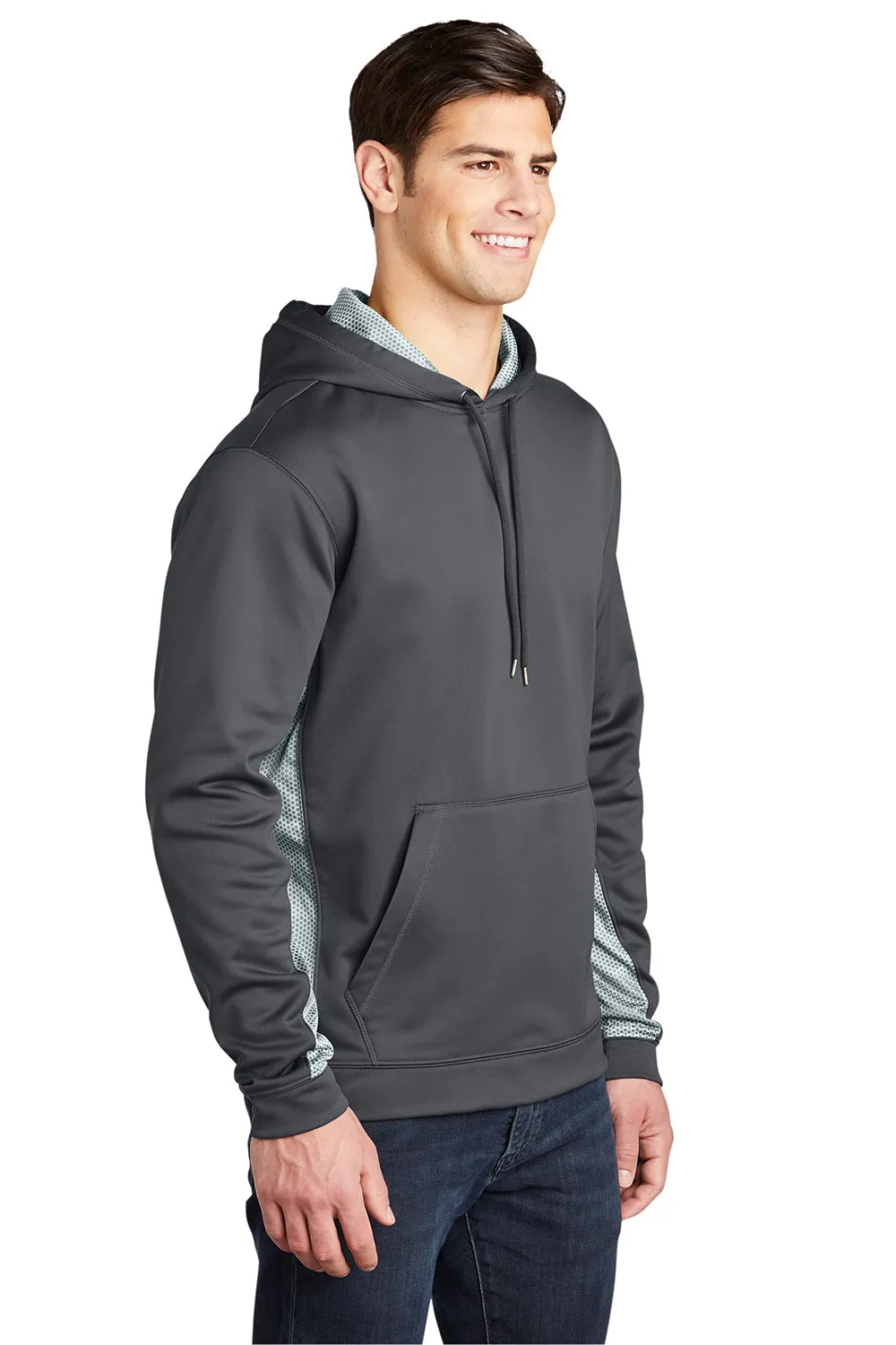 Sport-Tek Mens Sport-Wick CamoHex Moisture Wicking Fleece Hooded Sweatshirt Hoodie w/ Pouch Pocket - Dark Smoke Grey/White Clothing Sport-Tek