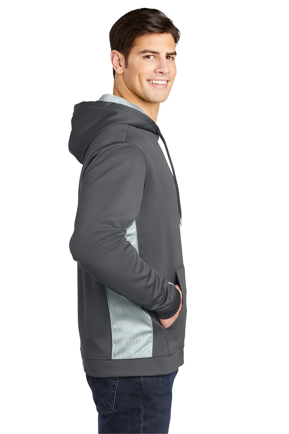 Sport-Tek Mens Sport-Wick CamoHex Moisture Wicking Fleece Hooded Sweatshirt Hoodie w/ Pouch Pocket - Dark Smoke Grey/White Clothing Sport-Tek
