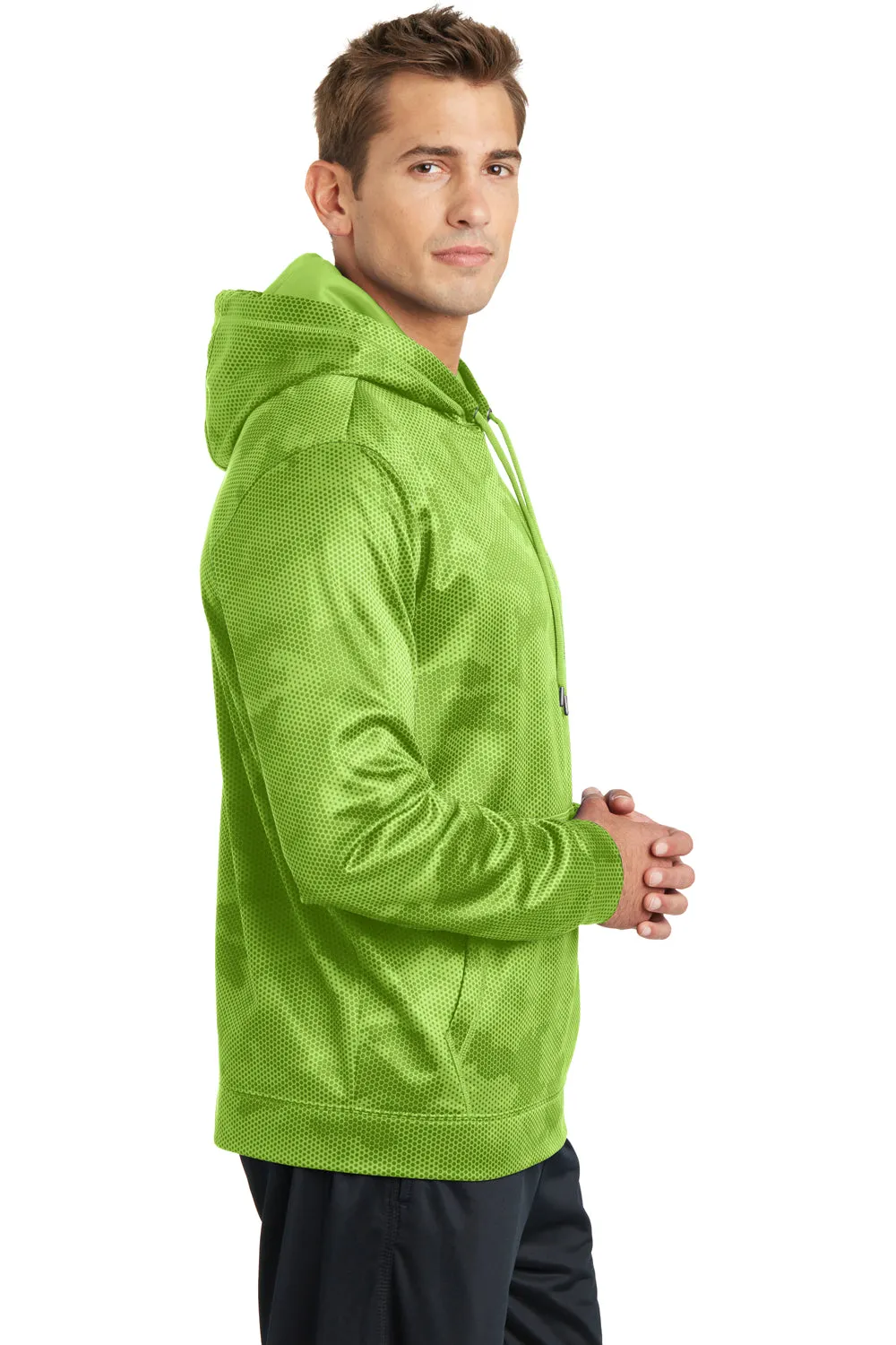 Sport-Tek Mens Sport-Wick CamoHex Moisture Wicking Fleece Hooded Sweatshirt Hoodie w/ Pouch Pocket - Lime Shock Green - Closeout