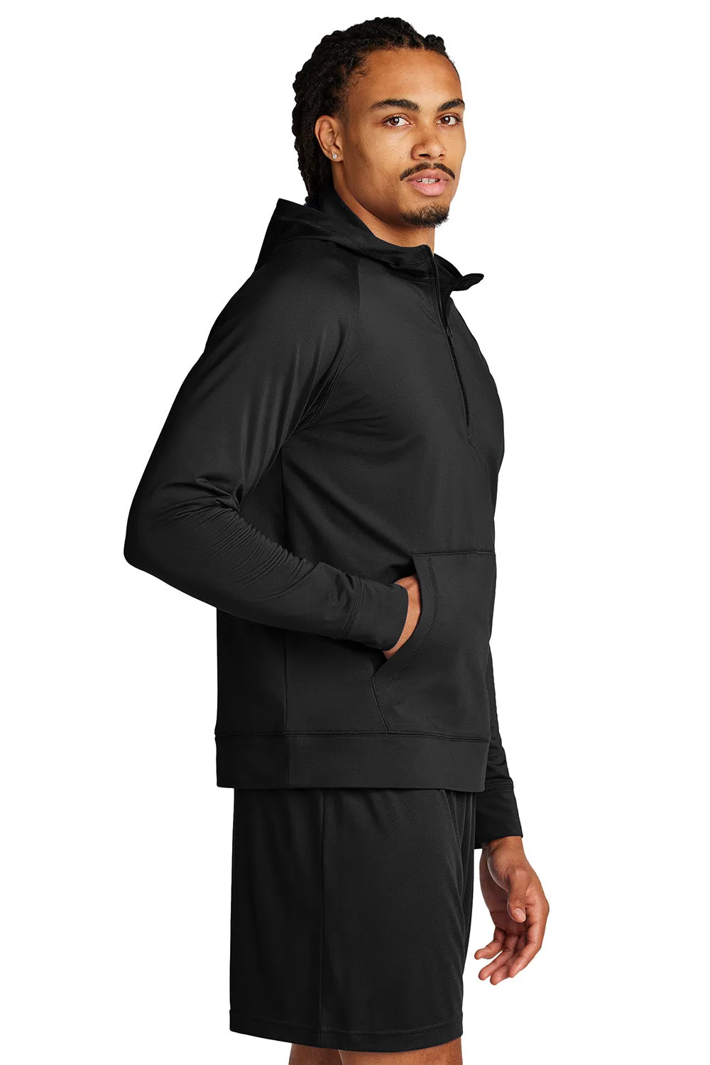 Sport-Tek Mens Sport-Wick Moisture Wicking 1/4 Zip Hooded Sweatshirt Hoodie w/ Pouch Pocket - Black