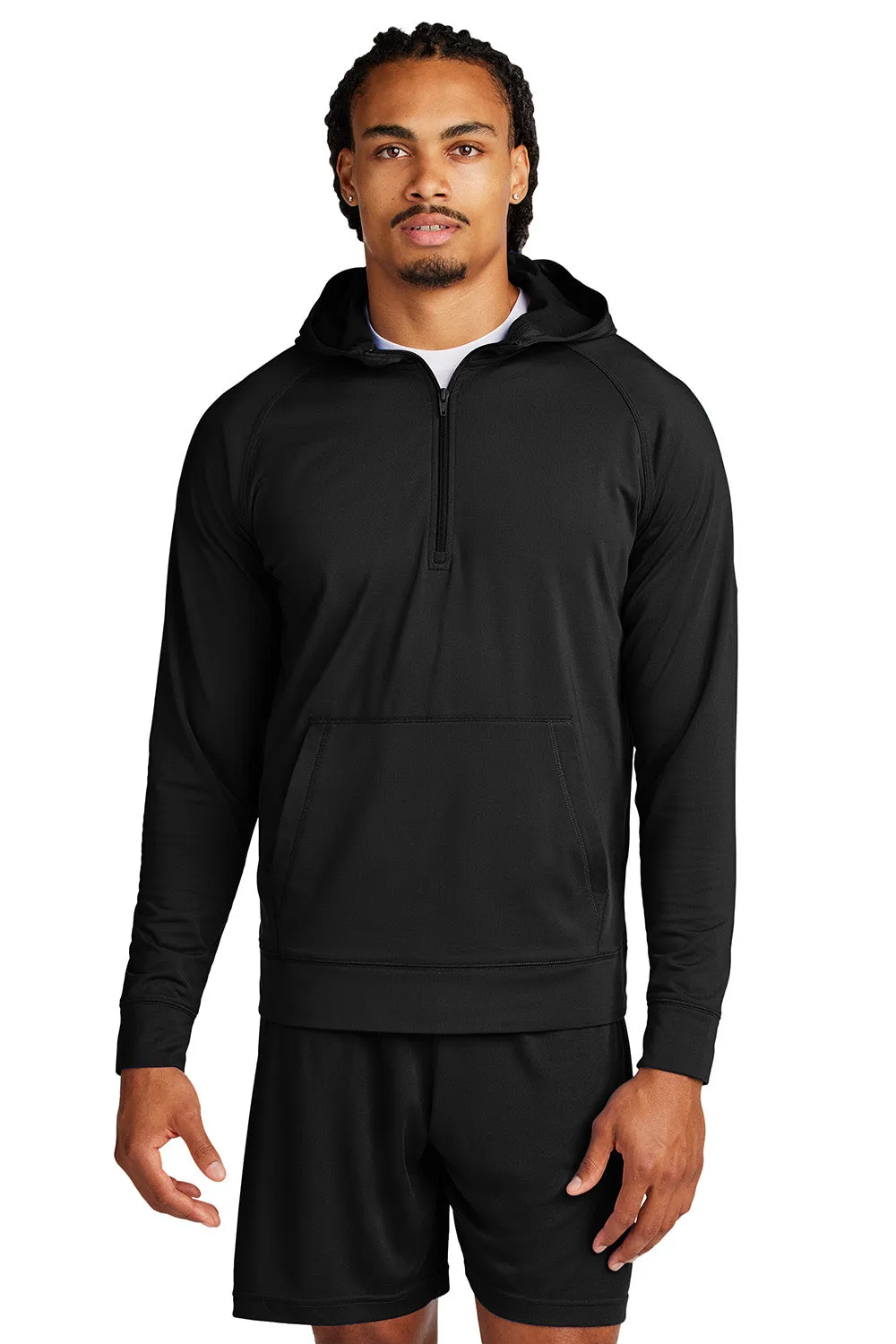 Sport-Tek Mens Sport-Wick Moisture Wicking 1/4 Zip Hooded Sweatshirt Hoodie w/ Pouch Pocket - Black