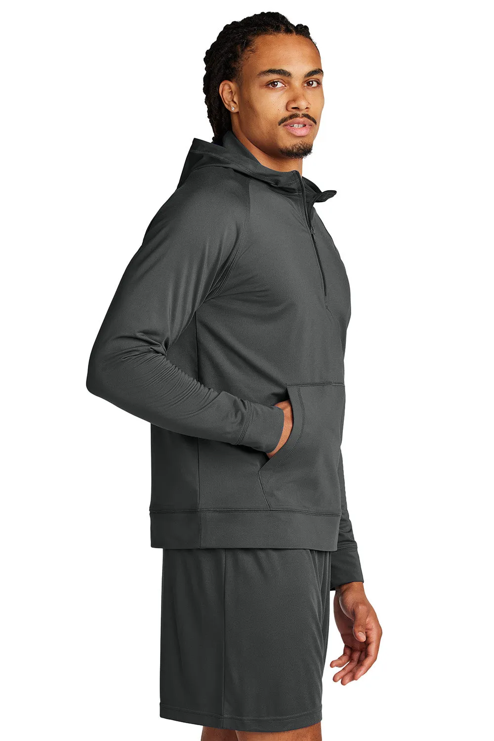 Sport-Tek Mens Sport-Wick Moisture Wicking 1/4 Zip Hooded Sweatshirt Hoodie w/ Pouch Pocket - Charcoal Grey