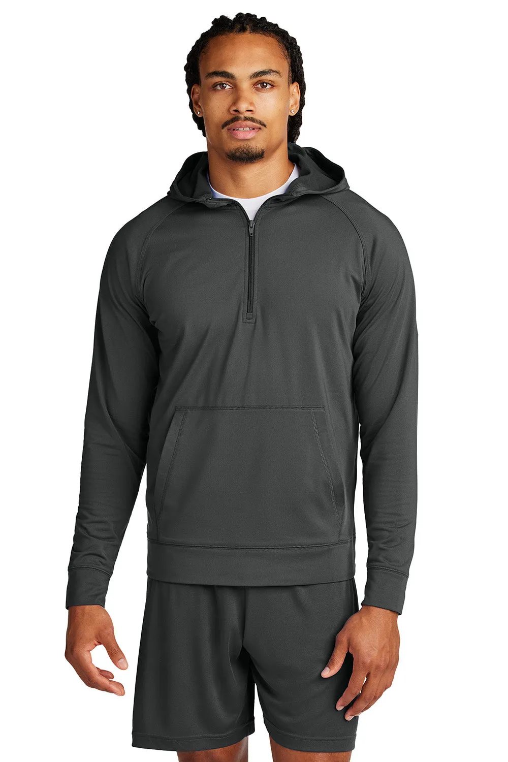 Sport-Tek Mens Sport-Wick Moisture Wicking 1/4 Zip Hooded Sweatshirt Hoodie w/ Pouch Pocket - Charcoal Grey