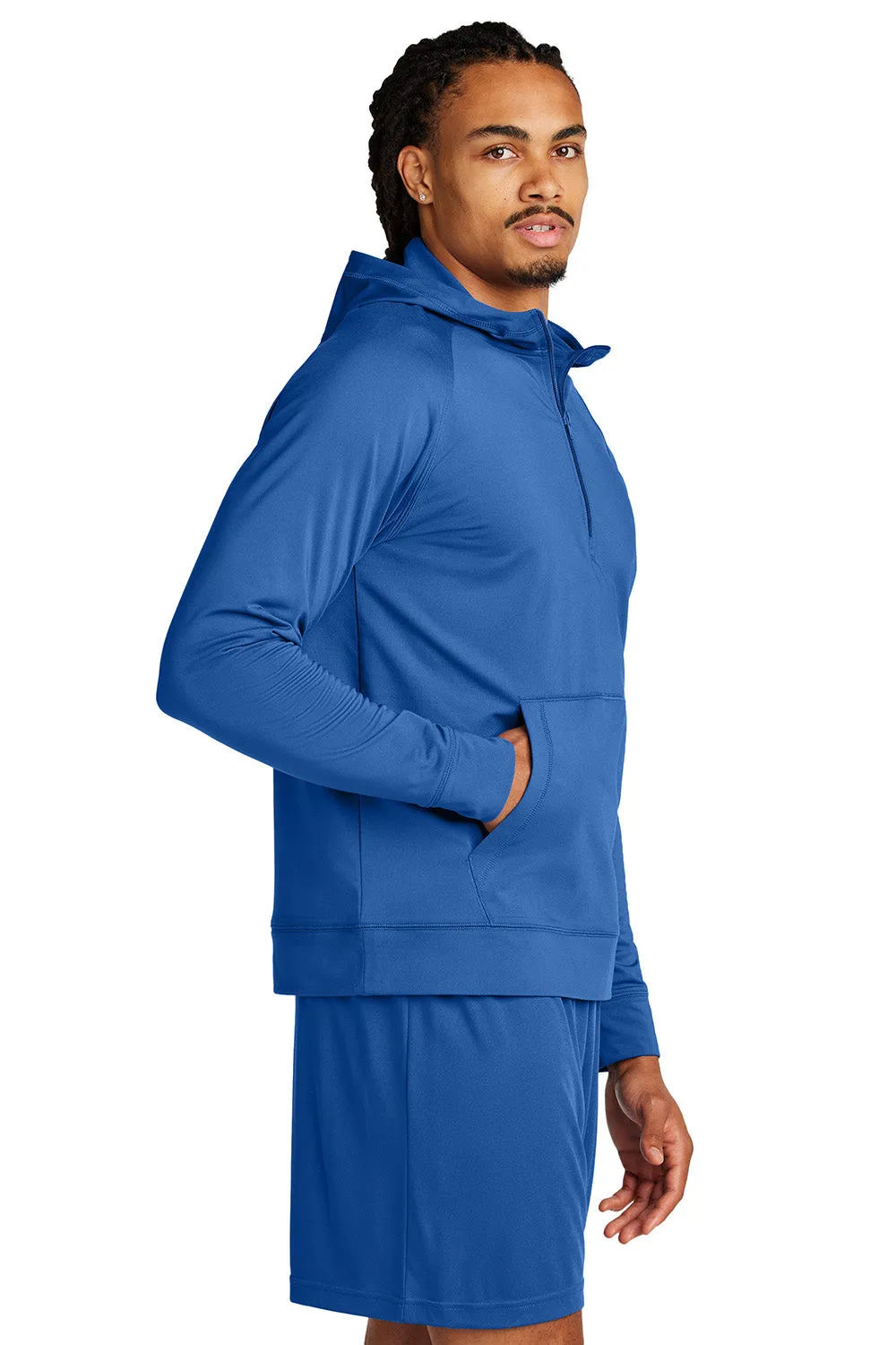 Sport-Tek Mens Sport-Wick Moisture Wicking 1/4 Zip Hooded Sweatshirt Hoodie w/ Pouch Pocket - True Royal Blue