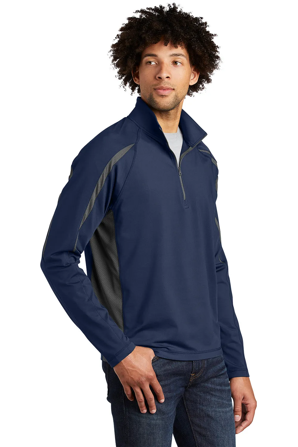 Sport-Tek Mens Sport-Wick Moisture Wicking 1/4 Zip Sweatshirt - True Navy Blue/Charcoal Grey