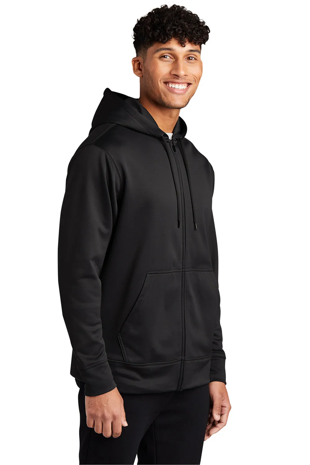 Sport-Tek Mens Sport-Wick Moisture Wicking Fleece Full Zip Hooded Sweatshirt Hoodie w/ Pouch Pocket - Black