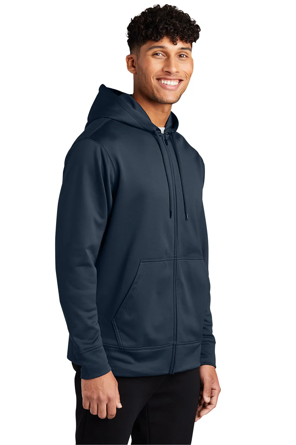 Sport-Tek Mens Sport-Wick Moisture Wicking Fleece Full Zip Hooded Sweatshirt Hoodie w/ Pouch Pocket - Navy Blue Clothing Sport-Tek
