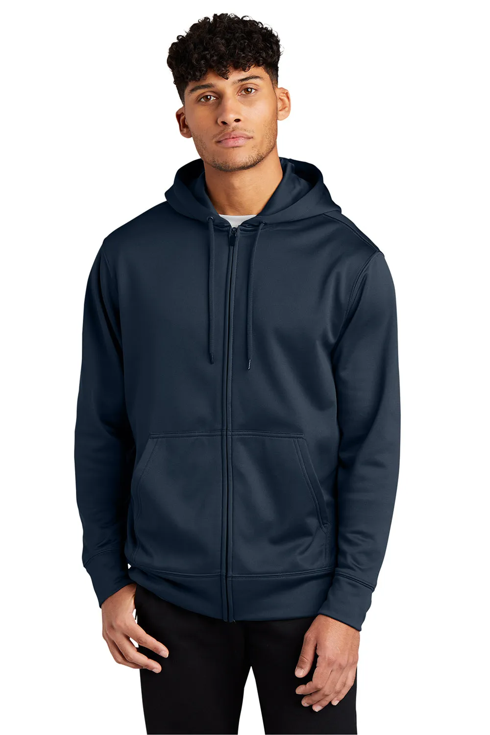 Sport-Tek Mens Sport-Wick Moisture Wicking Fleece Full Zip Hooded Sweatshirt Hoodie w/ Pouch Pocket - Navy Blue Clothing Sport-Tek