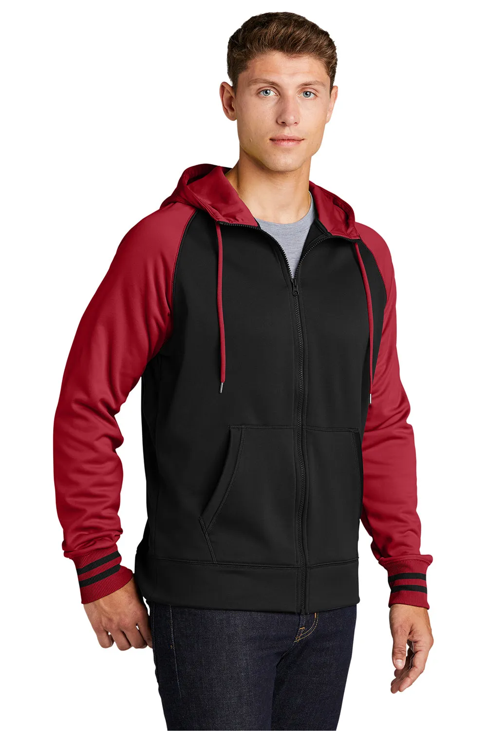 Sport-Tek Mens Sport-Wick Moisture Wicking Fleece Hooded Sweatshirt Hoodie w/ Pouch Pocket - Black/Deep Red