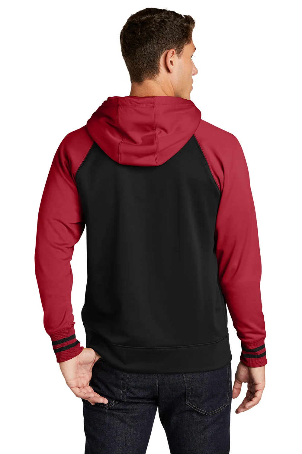 Sport-Tek Mens Sport-Wick Moisture Wicking Fleece Hooded Sweatshirt Hoodie w/ Pouch Pocket - Black/Deep Red