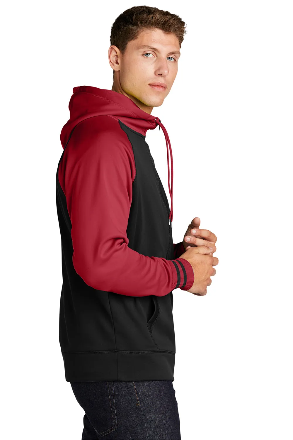 Sport-Tek Mens Sport-Wick Moisture Wicking Fleece Hooded Sweatshirt Hoodie w/ Pouch Pocket - Black/Deep Red