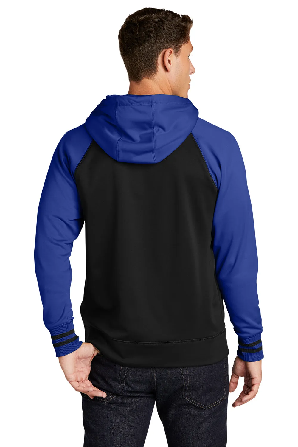 Sport-Tek Mens Sport-Wick Moisture Wicking Fleece Hooded Sweatshirt Hoodie w/ Pouch Pocket - Black/True Royal Blue