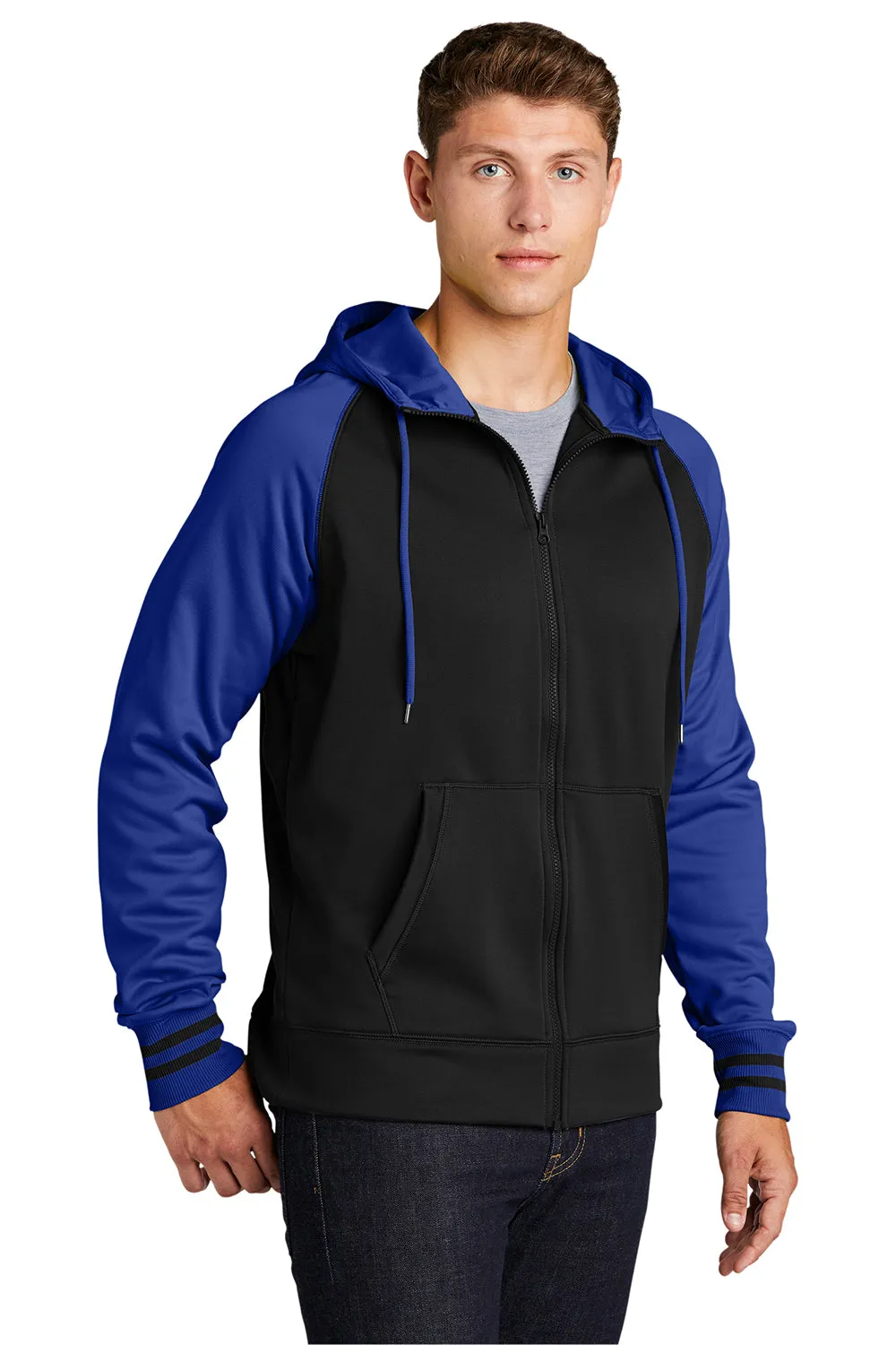 Sport-Tek Mens Sport-Wick Moisture Wicking Fleece Hooded Sweatshirt Hoodie w/ Pouch Pocket - Black/True Royal Blue