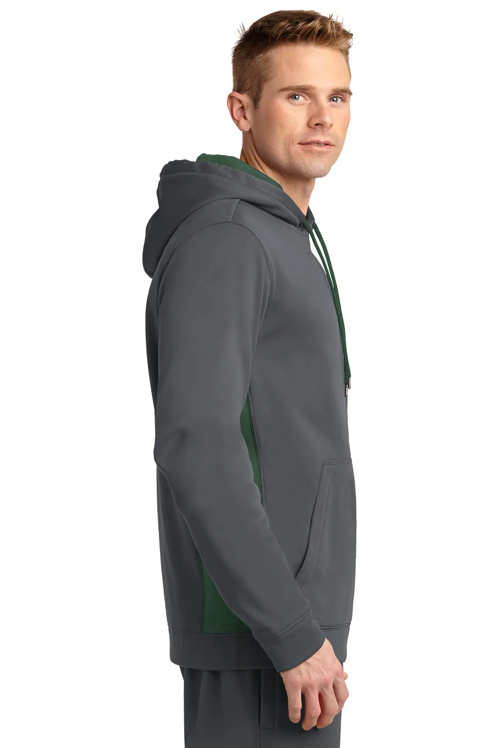 Sport-Tek Mens Sport-Wick Moisture Wicking Fleece Hooded Sweatshirt Hoodie w/ Pouch Pocket - Dark Smoke Grey/Forest Green - Closeout Clothing Sport-Tek
