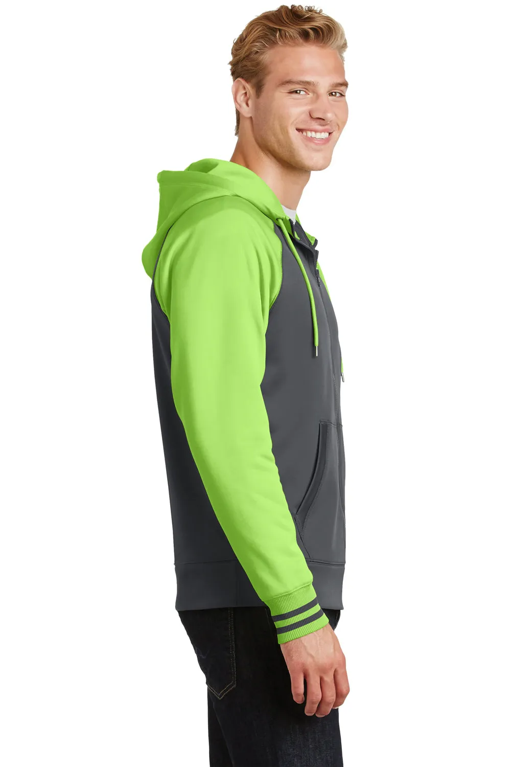 Sport-Tek Mens Sport-Wick Moisture Wicking Fleece Hooded Sweatshirt Hoodie w/ Pouch Pocket - Dark Smoke Grey/Lime Shock Green - Closeout Clothing Sport-Tek