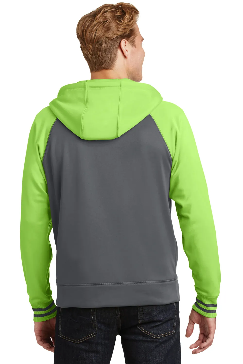 Sport-Tek Mens Sport-Wick Moisture Wicking Fleece Hooded Sweatshirt Hoodie w/ Pouch Pocket - Dark Smoke Grey/Lime Shock Green - Closeout Clothing Sport-Tek