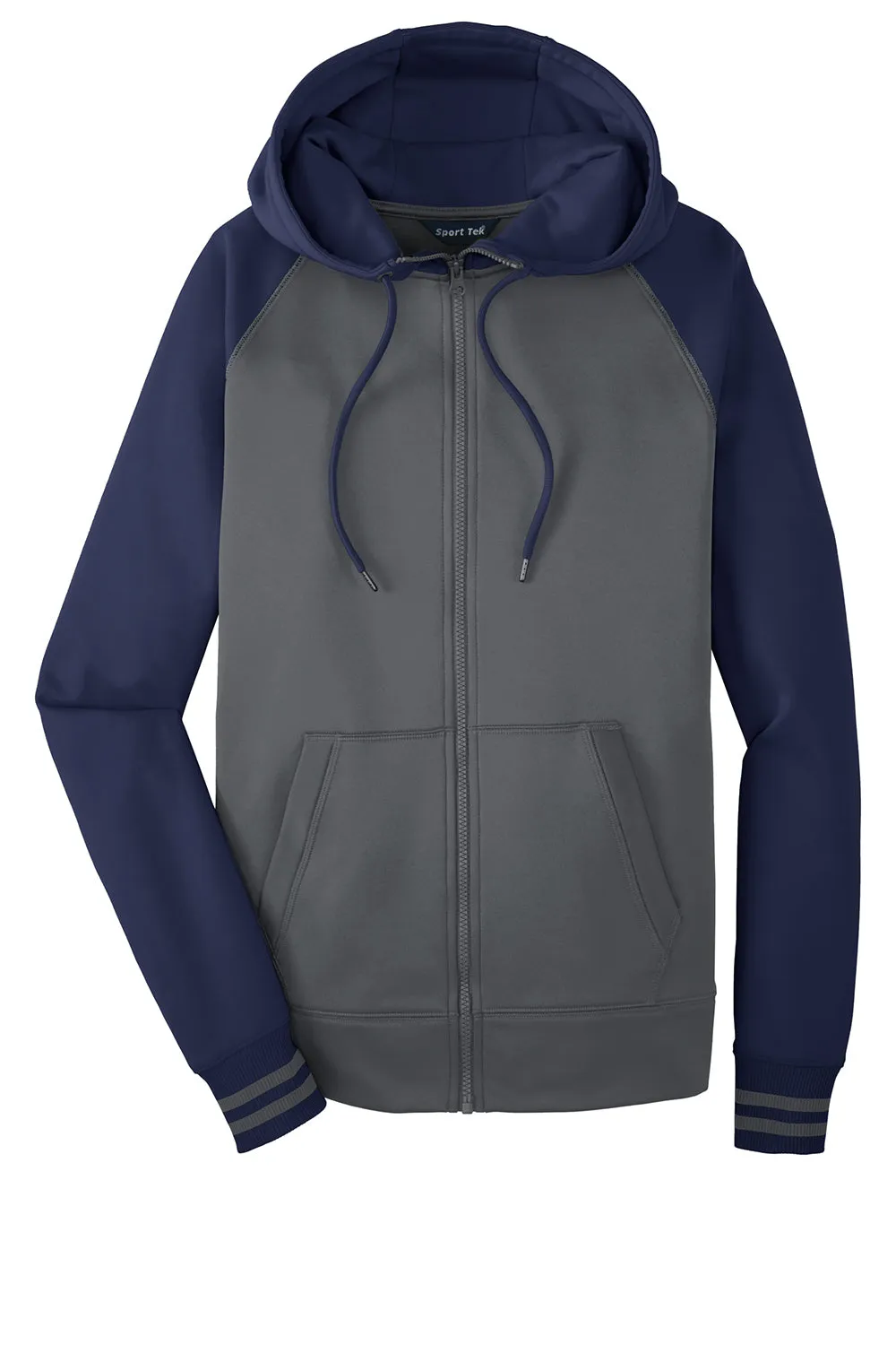 Sport-Tek Mens Sport-Wick Moisture Wicking Fleece Hooded Sweatshirt Hoodie w/ Pouch Pocket - Dark Smoke Grey/Navy Blue