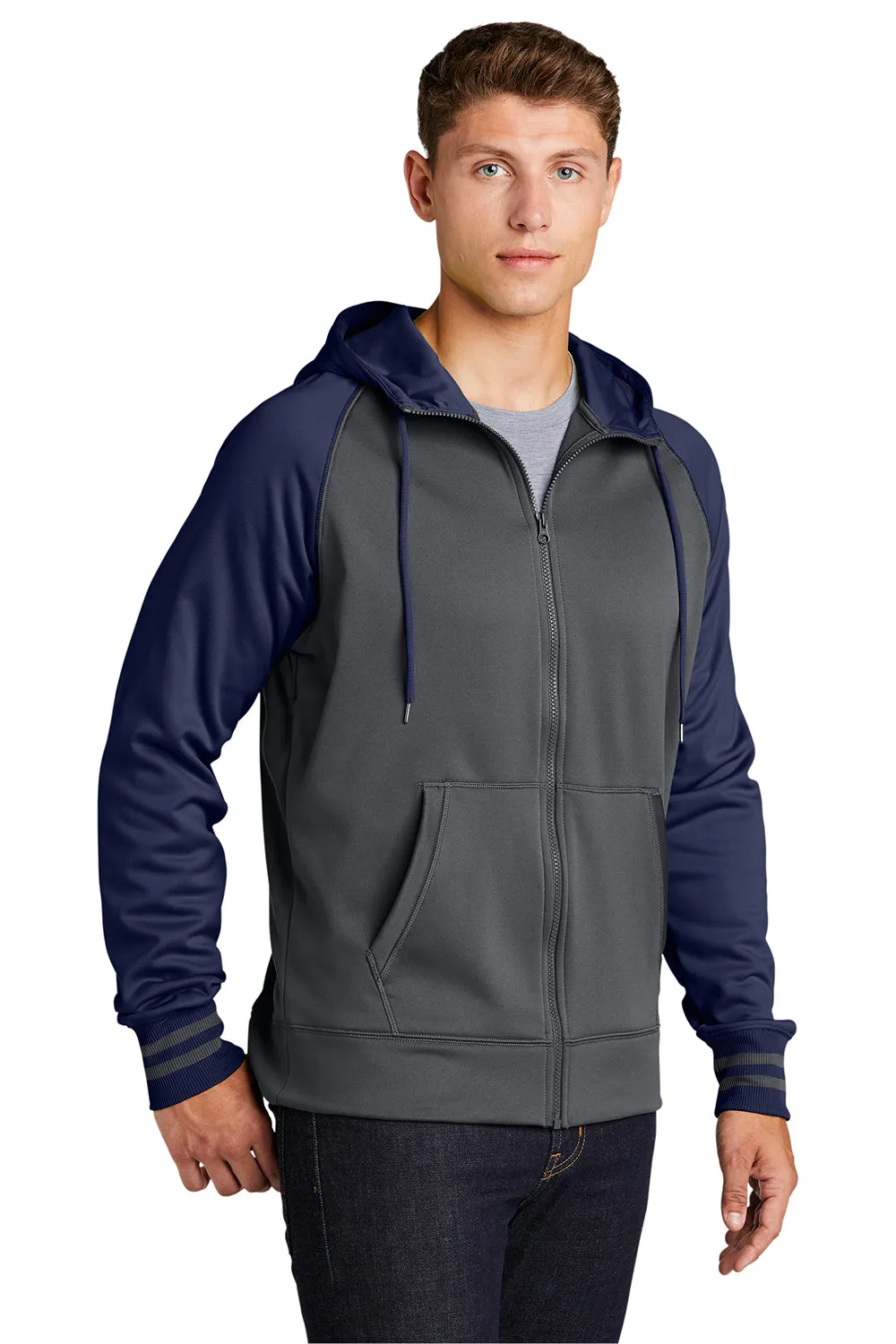 Sport-Tek Mens Sport-Wick Moisture Wicking Fleece Hooded Sweatshirt Hoodie w/ Pouch Pocket - Dark Smoke Grey/Navy Blue