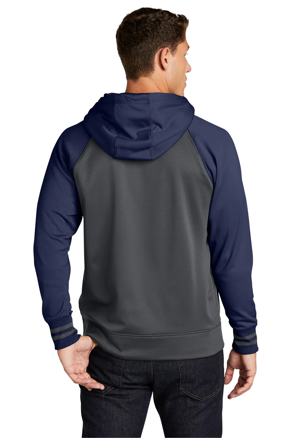 Sport-Tek Mens Sport-Wick Moisture Wicking Fleece Hooded Sweatshirt Hoodie w/ Pouch Pocket - Dark Smoke Grey/Navy Blue