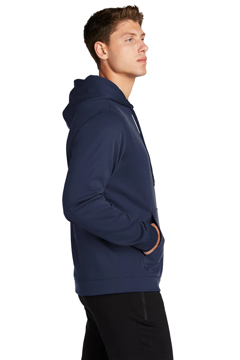 Sport-Tek Mens Sport-Wick Moisture Wicking Fleece Hooded Sweatshirt Hoodie w/ Pouch Pocket - Navy Blue