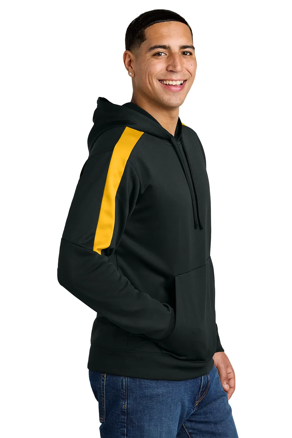 Sport-Tek Mens Sport-Wick Moisture Wicking United Fleece Hooded Sweatshirt Hoodie w/ Pouch Pocket - Black/Gold