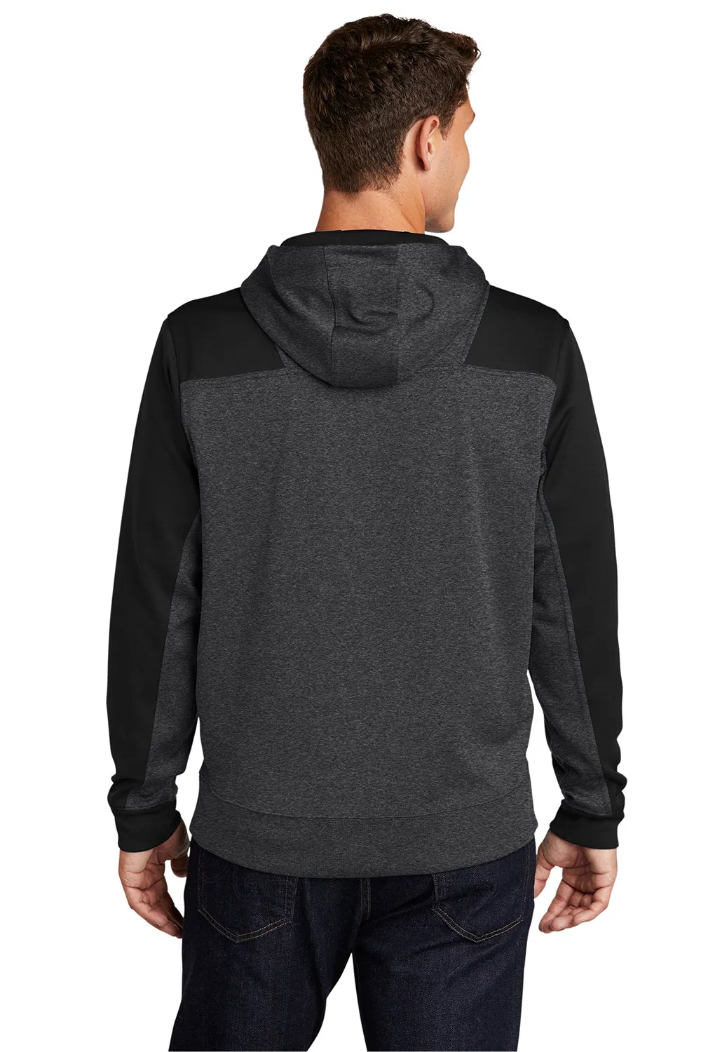Sport-Tek Mens Tech Moisture Wicking Fleece 1/4 Zip Hooded Sweatshirt Hoodie w/ Patch Pocket - Heather Graphite Grey/Black