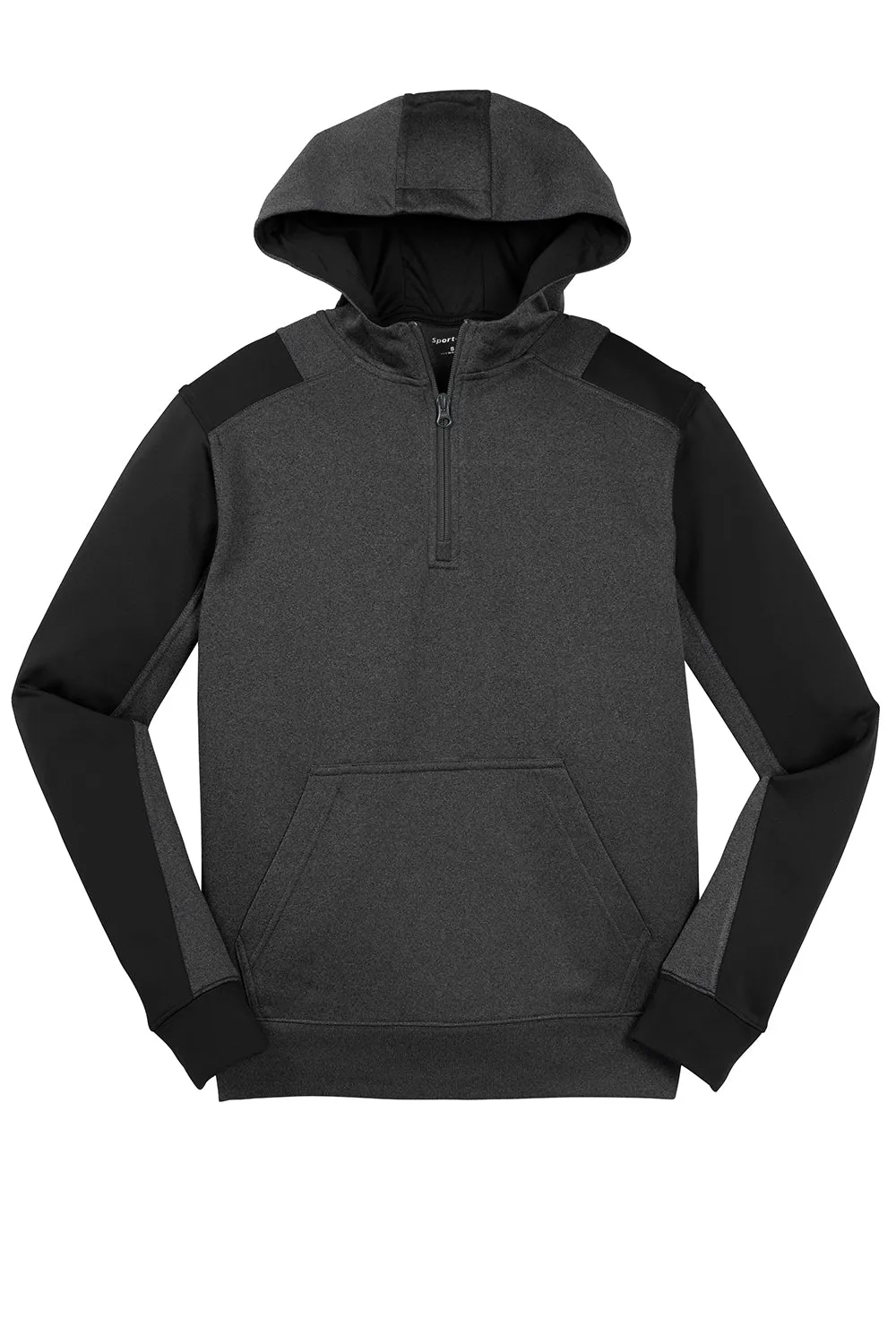 Sport-Tek Mens Tech Moisture Wicking Fleece 1/4 Zip Hooded Sweatshirt Hoodie w/ Patch Pocket - Heather Graphite Grey/Black