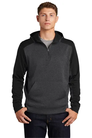 Sport-Tek Mens Tech Moisture Wicking Fleece 1/4 Zip Hooded Sweatshirt Hoodie w/ Patch Pocket - Heather Graphite Grey/Black
