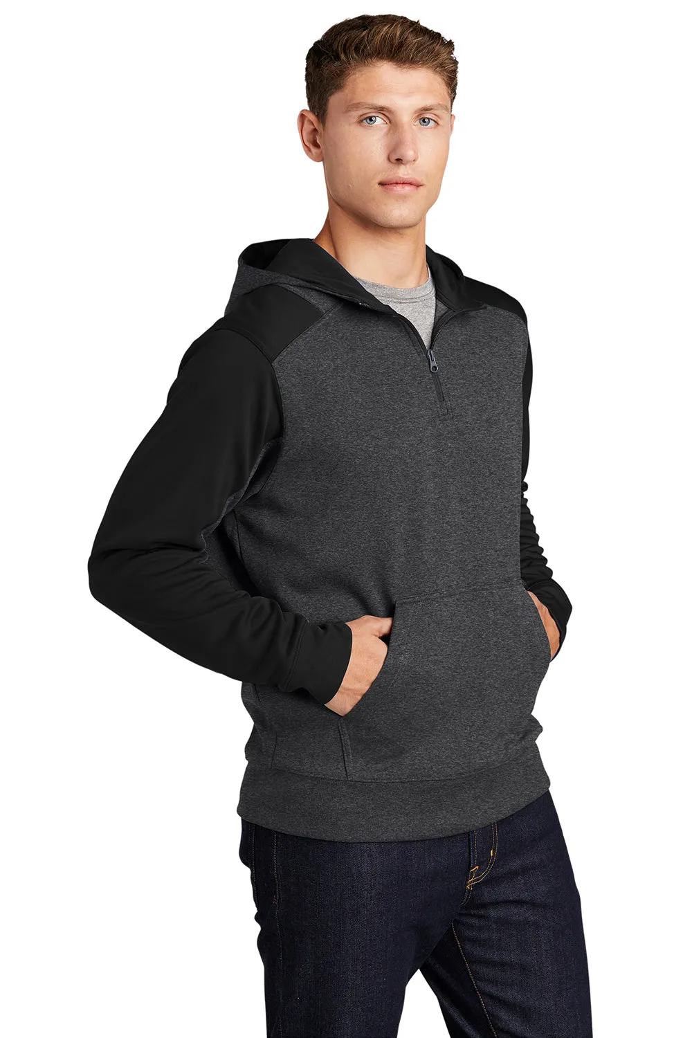 Sport-Tek Mens Tech Moisture Wicking Fleece 1/4 Zip Hooded Sweatshirt Hoodie w/ Patch Pocket - Heather Graphite Grey/Black