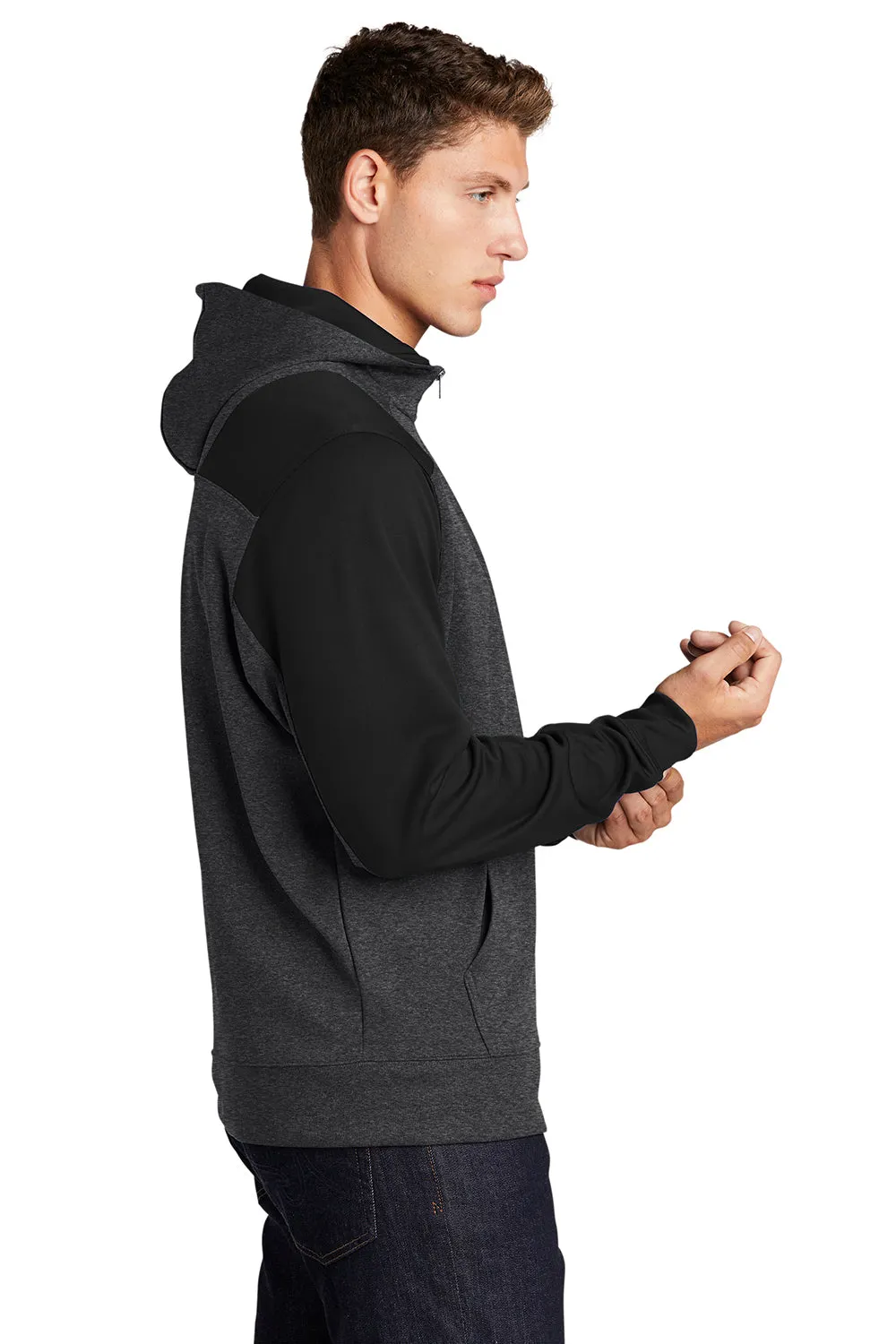 Sport-Tek Mens Tech Moisture Wicking Fleece 1/4 Zip Hooded Sweatshirt Hoodie w/ Patch Pocket - Heather Graphite Grey/Black
