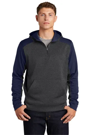 Sport-Tek Mens Tech Moisture Wicking Fleece 1/4 Zip Hooded Sweatshirt Hoodie w/ Patch Pocket - Heather Graphite Grey/True Navy Blue