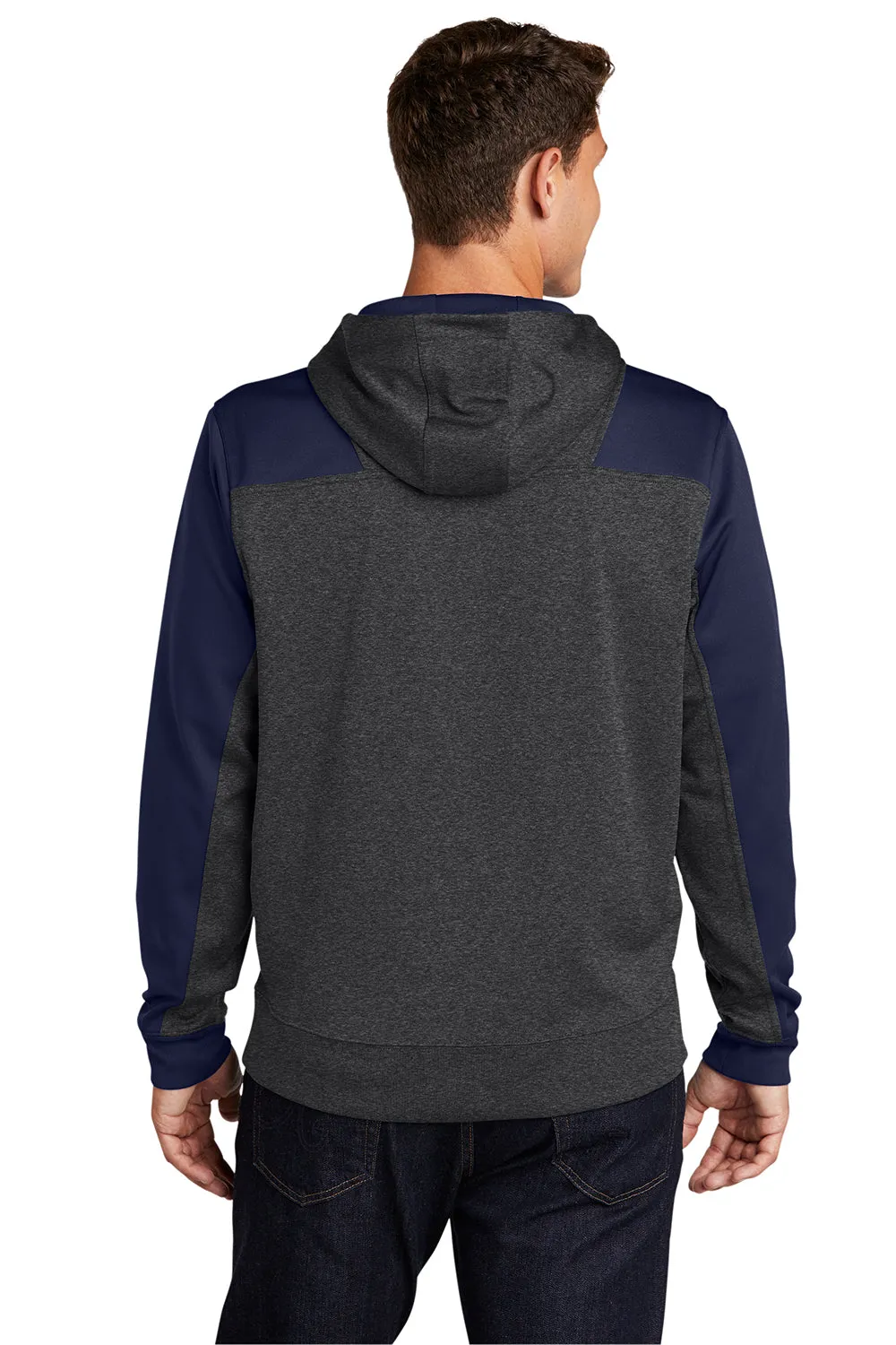 Sport-Tek Mens Tech Moisture Wicking Fleece 1/4 Zip Hooded Sweatshirt Hoodie w/ Patch Pocket - Heather Graphite Grey/True Navy Blue
