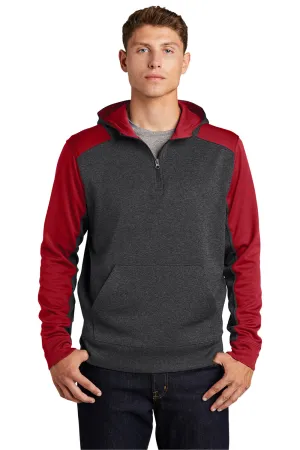 Sport-Tek Mens Tech Moisture Wicking Fleece 1/4 Zip Hooded Sweatshirt Hoodie w/ Patch Pocket - Heather Graphite Grey/True Red Clothing Sport-Tek