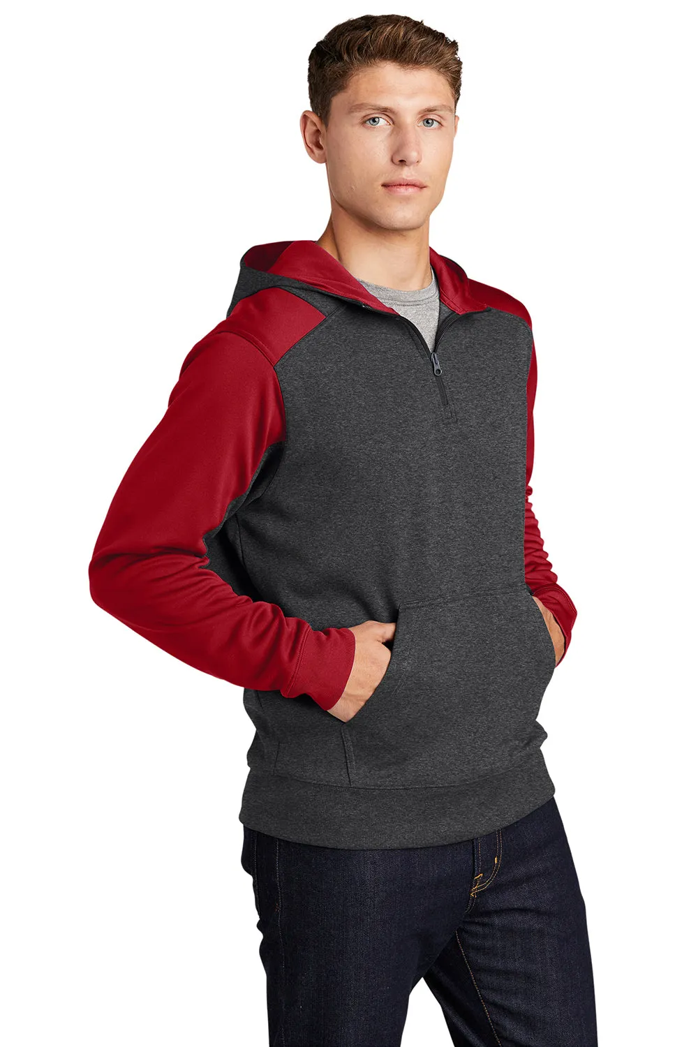 Sport-Tek Mens Tech Moisture Wicking Fleece 1/4 Zip Hooded Sweatshirt Hoodie w/ Patch Pocket - Heather Graphite Grey/True Red Clothing Sport-Tek