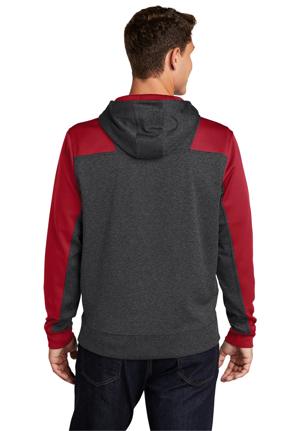 Sport-Tek Mens Tech Moisture Wicking Fleece 1/4 Zip Hooded Sweatshirt Hoodie w/ Patch Pocket - Heather Graphite Grey/True Red Clothing Sport-Tek