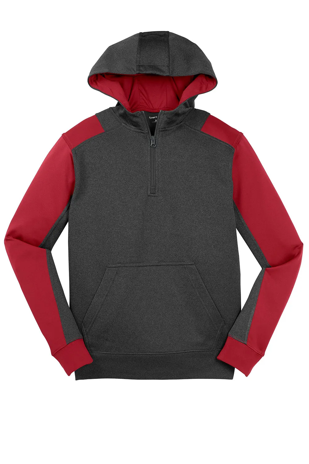 Sport-Tek Mens Tech Moisture Wicking Fleece 1/4 Zip Hooded Sweatshirt Hoodie w/ Patch Pocket - Heather Graphite Grey/True Red Clothing Sport-Tek