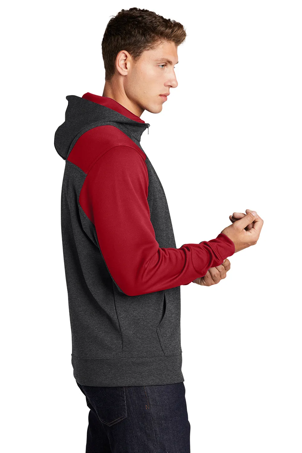 Sport-Tek Mens Tech Moisture Wicking Fleece 1/4 Zip Hooded Sweatshirt Hoodie w/ Patch Pocket - Heather Graphite Grey/True Red Clothing Sport-Tek