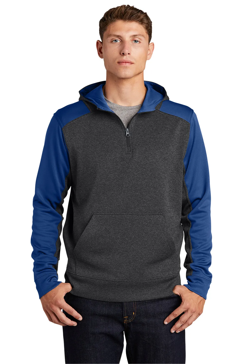 Sport-Tek Mens Tech Moisture Wicking Fleece 1/4 Zip Hooded Sweatshirt Hoodie w/ Patch Pocket - Heather Graphite Grey/True Royal Blue Clothing Sport-Tek