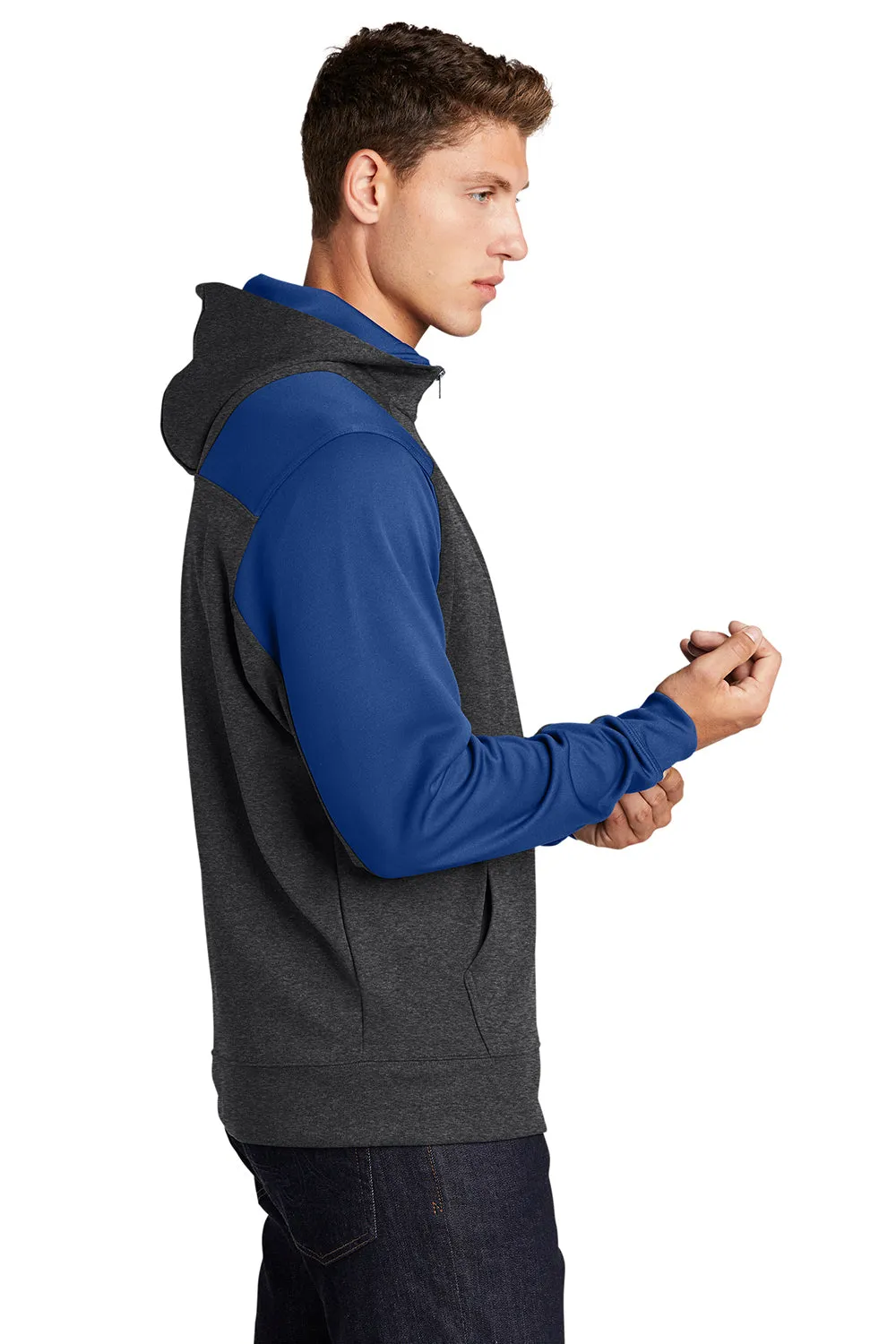 Sport-Tek Mens Tech Moisture Wicking Fleece 1/4 Zip Hooded Sweatshirt Hoodie w/ Patch Pocket - Heather Graphite Grey/True Royal Blue Clothing Sport-Tek