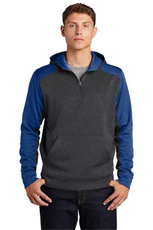 Sport-Tek Mens Tech Moisture Wicking Fleece 1/4 Zip Hooded Sweatshirt Hoodie w/ Patch Pocket - Heather Graphite Grey/True Royal Blue Clothing Sport-Tek