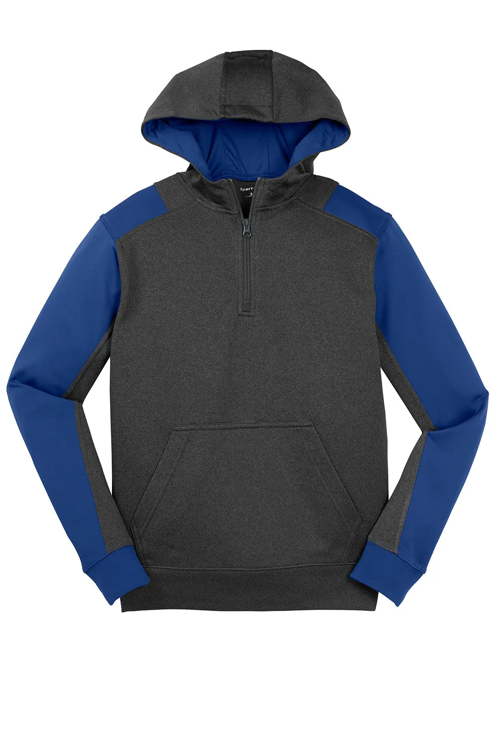 Sport-Tek Mens Tech Moisture Wicking Fleece 1/4 Zip Hooded Sweatshirt Hoodie w/ Patch Pocket - Heather Graphite Grey/True Royal Blue Clothing Sport-Tek