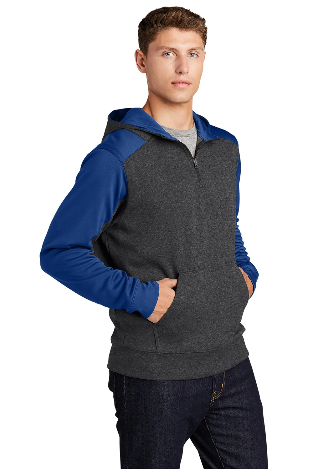 Sport-Tek Mens Tech Moisture Wicking Fleece 1/4 Zip Hooded Sweatshirt Hoodie w/ Patch Pocket - Heather Graphite Grey/True Royal Blue Clothing Sport-Tek