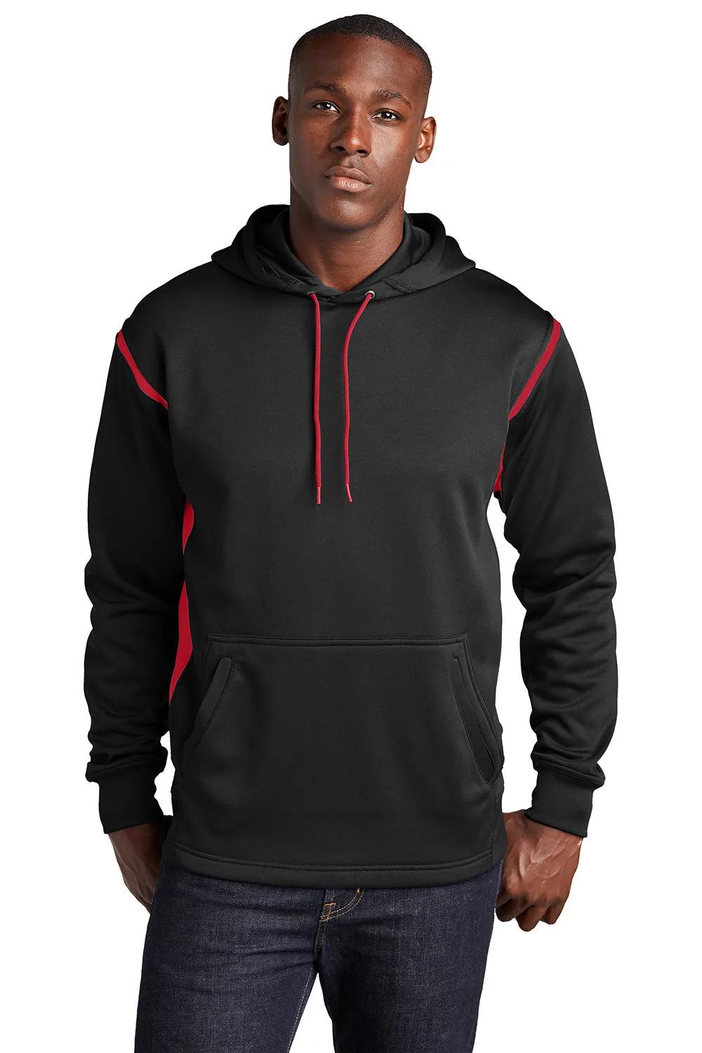 Sport-Tek Mens Tech Moisture Wicking Fleece Hooded Sweatshirt Hoodie w/ Pouch Pocket - Black/True Red