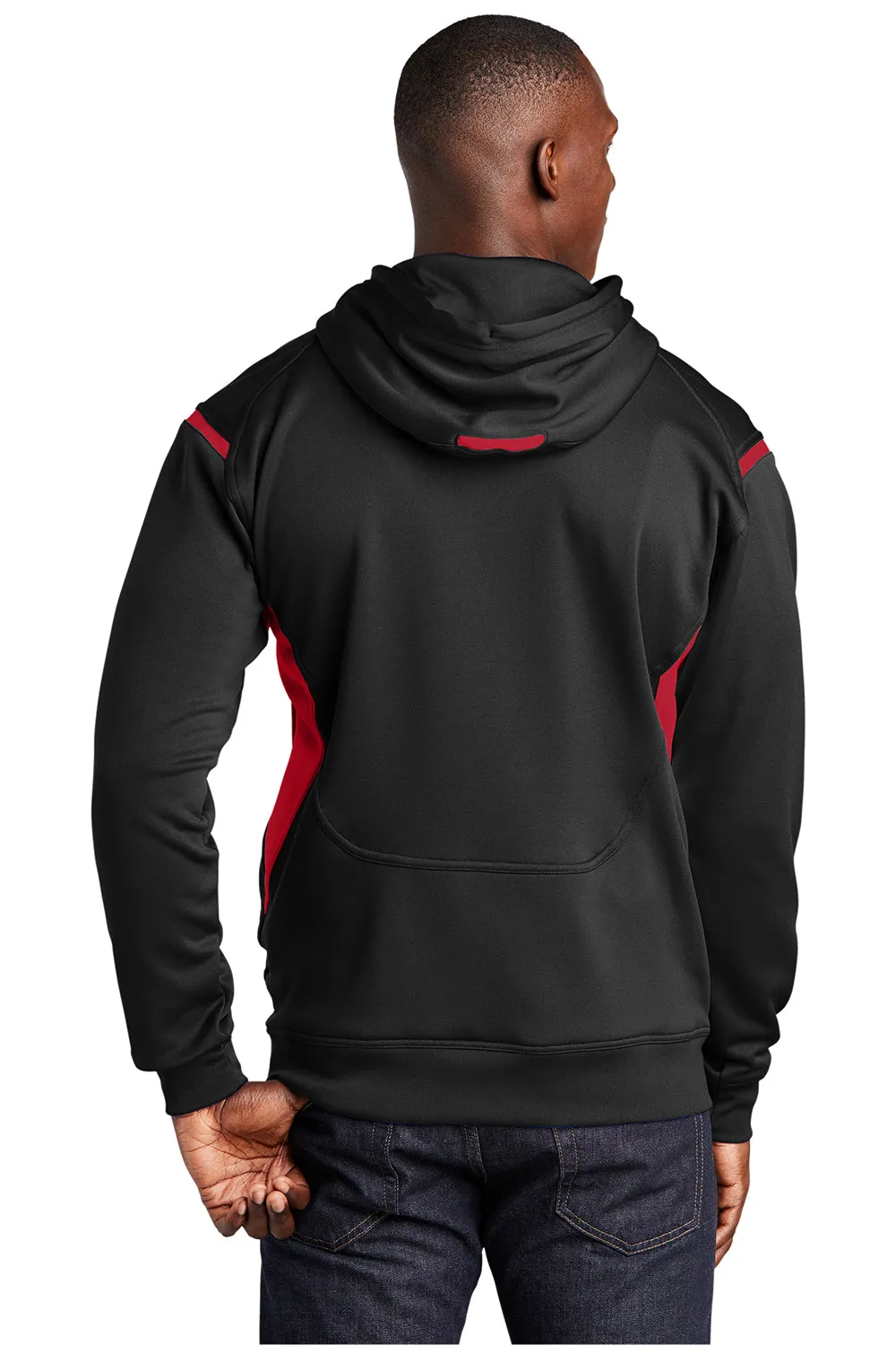Sport-Tek Mens Tech Moisture Wicking Fleece Hooded Sweatshirt Hoodie w/ Pouch Pocket - Black/True Red
