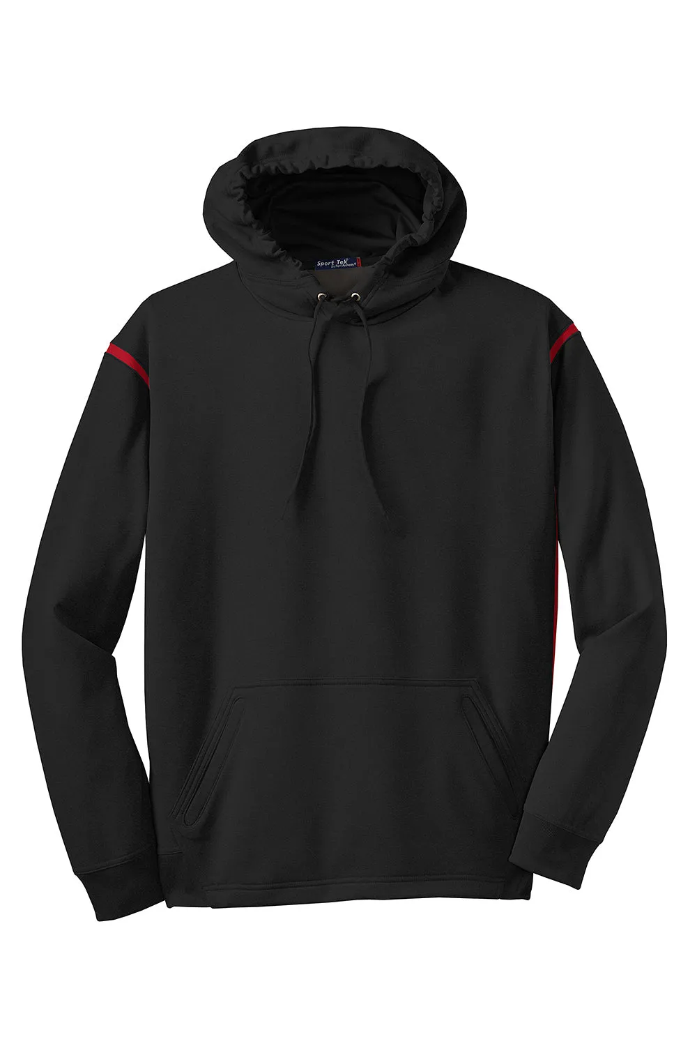 Sport-Tek Mens Tech Moisture Wicking Fleece Hooded Sweatshirt Hoodie w/ Pouch Pocket - Black/True Red
