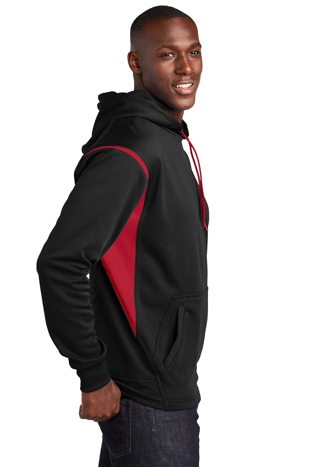 Sport-Tek Mens Tech Moisture Wicking Fleece Hooded Sweatshirt Hoodie w/ Pouch Pocket - Black/True Red