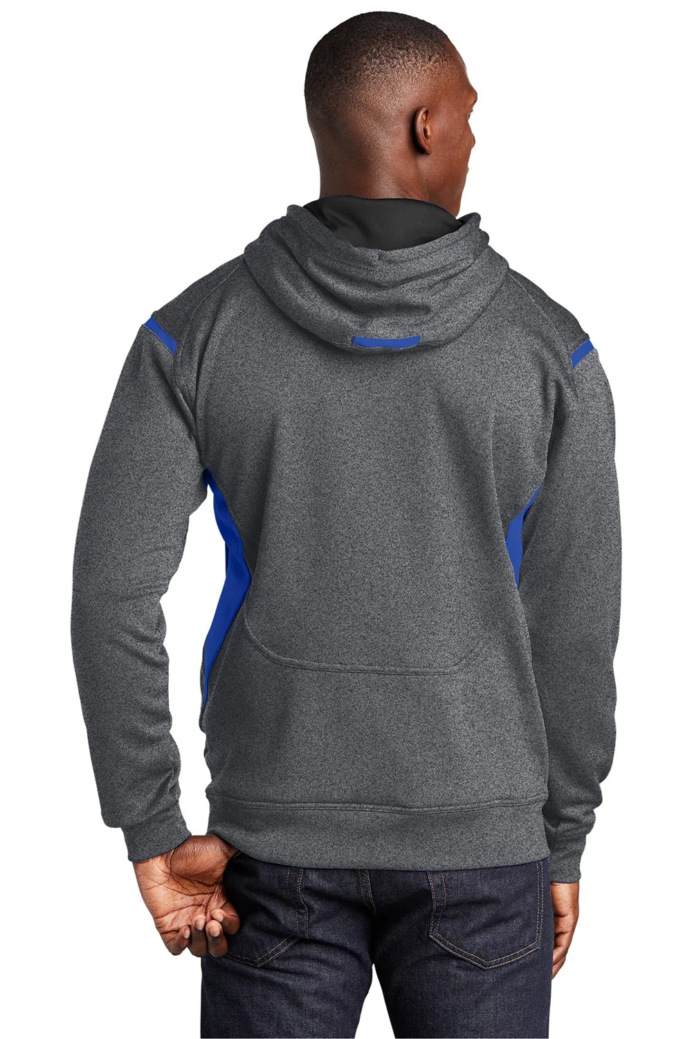 Sport-Tek Mens Tech Moisture Wicking Fleece Hooded Sweatshirt Hoodie w/ Pouch Pocket - Heather Graphite Grey/True Royal Blue